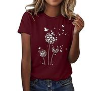 2026 Women's Short Sleeve Crew Neck Dandelion Print T-Shirt Top, Wine Red, S