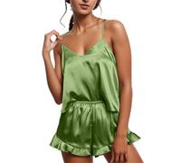 2026 Women's Silk Satin Ruffle Pyjama Set Short Sets Sleepwear Satin Pajamas Shorts Set Sleepwear Pajama Set Tummy Control Underwear, Mint Green, 3XL