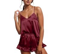 2026 Women's Silk Satin Ruffle Pyjama Set Short Sets Sleepwear Satin Pajamas Shorts Set Sleepwear Pajama Set Tummy Control Underwear, Wine Red, XXL