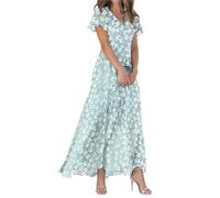 2026 Women's Swing Long Dress Chiffon Floral Pattern Short Sleeve Ruffle V-Neck Fashionable Waist Flowing Dress Dresses Summer Dresses Women's Large Sizes Over Shoulder, Mint Green, M