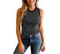 2026 Women's Tank Top Shiny Rhinestone Crop Top Sleeveless Stretchy Round Neck Slim Vest Chic and Elegant Sexy for Evening Camisole Casual Versatile Club Camisole Outfit Summer Basic Holiday