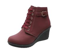 2026 Women's Winter Ankle Boots with Wedge Heel Platform Lacing for Fashionable Comfort Warmth in the Cold Season, Wine Red, 9 UK
