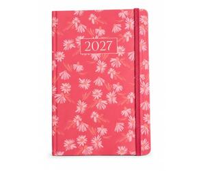 2027 A5 WTV Premium Flexi Soft Cover Floral Design Week To View Diary & Monthly Planner, Full Year Planner, Ribbon Bookmark Elastic closure (Pink Pattern)