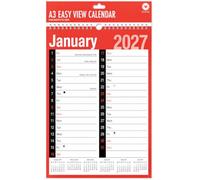 2027 Calendar A3 Wall Calendar - Easy Month to View Spiral Bound Monthly Wall Planner Red & Black Calendar with Large Writing Space, UK Holiday, Festivals, Moon Phases for Home Office School Business