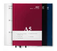 2027 Diary A4 | A5 Day a Page | Week to View Hard Backed Casebound Desk Diary with Ribbon Marker for Business, Office & Personal Use (Red, A5 Week to View)