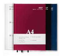 2027 Diary A4 | A5 Day a Page | Week to View Hard Backed Casebound Desk Diary with Ribbon Marker for Business, Office & Personal Use (Red, A4 Week to View)