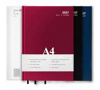 2027 Diary A4 | A5 Day a Page | Week to View Hard Backed Casebound Desk Diary with Ribbon Marker for Business, Office & Personal Use (Red, A4 Day A Page)