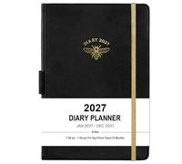 2027 Diary A5 Page a Day, 12 Month Daily Planner, Hardcover, Black | Day Per Page Diary 2027, Jan 27- Dec 27, 1 Hour Intervals, Monthly Tabs, Inner Pocket, Banded, 14.5 X 21 cm
