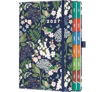 2027 Diary A5 Page a Day, Jan-Dec 2027 Daily Planner, 400 Pages, 5.9" x 8.5", UK Holidays, Monthly Tabs, Pen & Inner Pocket, Nature Art Cover - Navy Floral Garden