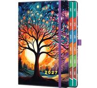 2027 Diary A5 Page a Day, Jan-Dec 2027 Daily Planner, 400 Pages, 5.9" x 8.5", UK Holidays, Monthly Tabs, Pen & Inner Pocket, Nature Art Cover - Golden Twilight Tree