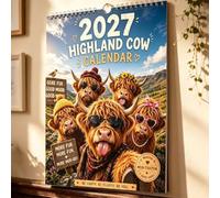 2027 Grumpy Highland Cows A4 Wall Calendar, 12 Monthly Pages，C | Spiral Bound, Centre Hanging Loop, Rustic Farmhouse Style, Jan-Dec 2027, 30cm x 12in Size