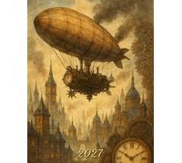 2027: Large Monthly Calendar Planner - Watercolor Steampunk City & Airship Blimp