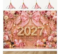 2027 Pink Bow Happy New Year Backdrop 10x8FT Rose Gold New Year Decorations | Pink Floral Bow New Years Eve Photography Background
