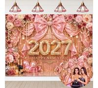 2027 Pink Bow Happy New Year Backdrop 8x6FT Rose Gold New Year Decorations | Pink Floral Bow New Years Eve Photography Background