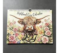 2027 Rose Flower Highland Cow Wall Calendar, Whimsical Funny Cattle 12-Month Monthly Planner, Spiral Bound Art Calendar for Home Office Animal Lover Decor Gift