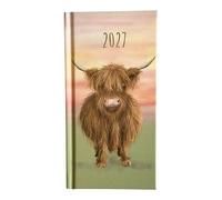 2027 Slim Pocket Diary, Week to View Planner, Floral Hard Cover Design, Home and Office Organiser (Size 16cm x 8.5 cm) (Highland Cow)