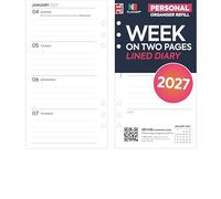 2027 Week on two pages lined diary refill organiser insert | January 2027 - December 2027 | Compatible with Filofax personal size organiser | 95 x 171mm