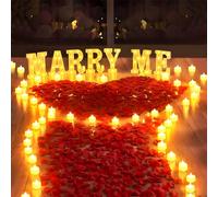 2031 Pieces Illuminated Letters for Proposal Sign Wedding Decoration with 24 Candles Without Heart Flame 2000 Rose Petals for Wedding Proposal Romantic Night Decoration