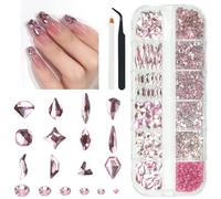 2052Pcs Pink Nail Rhinestones 12 Shapes Light Pink Rhinestones for Nails Flatback K9 Glass Gems Round Beads Stones Diamonds Crystals Nail Charms Art Supplies for Nails Face Eyes Makeup Crafts