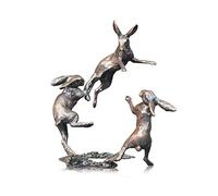 2079 Three Hares Dancing Butler and Peach Solid Bronze Miniature Sculpture Figure - 7 x 7 x 6 cm