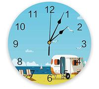 208 Round Home Decorative Vintage Style Caravan With Recliner On The Beach Blue Sky And White Clouds Wall Clock Arabic Numerals Home Clock Colorful Office Clock For Living Room Dining Room Bedroom