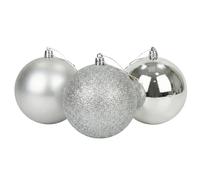 20cm/3Pcs Large Silver Baubles PVC Shatterproof Glossy, Matt, Glitter Finish Christmas Balls Ornaments Assorted Set- Festive Xmas Tree Hanging Decorations, Round Ornament for Holiday Home Decor