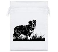 20cm 'Border Collie Dog on Grass' Satin Drawstring Bag/Pouch (SB00117239)