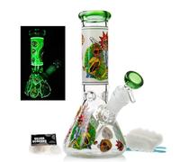 20cm Glow-in-the-Dark Glass Bong - Thick Water Pipe with Ice Catcher, 14.4mm Bowl & Downstem | Portable, Easy Clean, Cartoon Design | Bong Dab Rig, Hookah, Shisha Pipe Alternative (Green Bong)