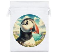 20cm 'Puffin Bird Portrait' Satin Drawstring Bag/Pouch (SB00123555)