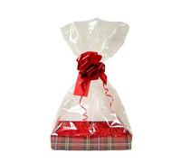 20cm RED DIY Gift Basket Hamper Kit - TARTAN Easy-Fold Cardboard Tray, Red Shred, Red Bow, Cello Bag & Red Gift Tag (Small - 20cm x 15cm x 5cm high)