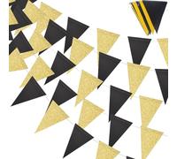 20feet Black Gold Bunting Adquator,Polyester Fabric Reusable,Triangle Flags Pennant Banners for Indoor Outdoor Birthday Party Wedding Graduation Decorations