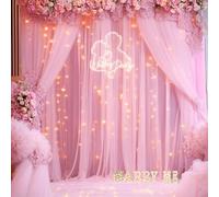 20ft x 10ft Pink Tulle Photo Backdrop Curtain with Lights String for Baby Shower Sheer Baby Pink Curtain Backdrop for Birthday Party Wedding Photo Booth Photography Background Decorations