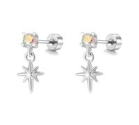 20G Cross Star Dangle Drop Earrings - Silver Plated Stainless Steel Stud with AB CZ Crystals, Flat Back Screw Cartilage Tragus Piercing, Hypoallergenic Fashion Accessory Jewellery for Men Women