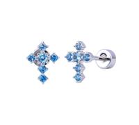 20g Cross Stud Earrings for Women, Hypoallergenic Stainless Steel with Blue Cubic Zirconia - Tiny Cartilage Tragus Piercing Flat Screw Back Faith Jewellery Gift for Her