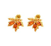 20G CZ Orange Red Maple Leaf Flat Screw Back Small Stud Earrings for Women Stainless Steel Dainty Crystal Leaves Cartilage Tragus Tiny Little Piercing Studs Fall Autumn Festival Jewelry