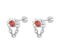 20g Devil Heart Earrings for Women, Gothic Red Crystal Studs with Tassel Chain - Hypoallergenic Stainless Steel Punk Jewellery for Cartilage Tragus Piercing, Halloween All Saints' Day (Silver)