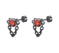 20g Devil Heart Earrings for Women, Gothic Red Crystal Studs with Tassel Chain - Hypoallergenic Stainless Steel Punk Jewellery for Cartilage Tragus Piercing, Halloween All Saints' Day (Black)