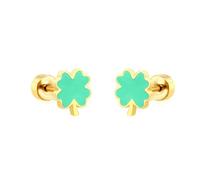 20g Four Leaf Clover Gold Plated Flat Screw Back Small Stud Earrings for Women Minimalist Cute Surgical Steel Green Enamel Lucky Flower Piercing Sleeper Tiny Studs Hypoallergenic St. Patrick's Day