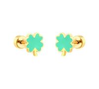 20G Four Leaf Clover Gold Plated Small Stud Earrings for Women - Green Enamel & Flat Screw Back, Hypoallergenic Surgical Steel Lucky Charm Earrings, Minimalist Cute Jewellery