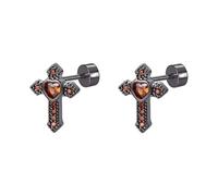 20g Gothic Cross Earrings with Red Crystal Heart for Women Men, Hypoallergenic Stainless Steel Studs - Black Punk Jewellery for Cartilage Tragus Helix Piercing, Trendy Alternative Gift for Her