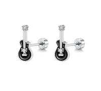 20g Guitar Flat Screw Back Small Stud Earrings for Women Men Black Enamel Crystal Stainless Steel Little Tiny Cartilage Tragus Piercing Sleeper Studs Hypoallergenic for Music Lover