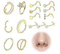 20G Nose Ring Thin L Shape Nose Stud Gold, 15Pcs Hypoallergenic Surgical Steel Star Heart Flower Mixed Cubic Zirconia Nose Ring Multipurpose Piercing Jewellery for Nose Lip Cartilage Ear Women Men