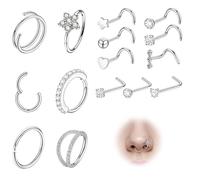 20G Nose Ring Thin L Shape Nose Stud Silver, 15Pcs Hypoallergenic Surgical Steel Star Heart Flower Mixed Cubic Zirconia Nose Ring Multipurpose Piercing Jewellery for Nose Lip Cartilage Ear Women Men