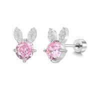 20G Rabbit Stud Earrings for Women, Dainty Pink CZ Crystal Bunny Design - Hypoallergenic Stainless Steel Tiny Flat Screw Back for Cartilage Piercing, Cute Animal Jewellery Gift for Daughter
