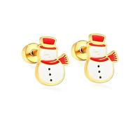 20G Snowman Stud Earrings - Gold-tone Plated Hypoallergenic Surgical Steel with Flat Screw Back, Red White Enamel Festive Jewellery Gift for Her, Christmas Daughter Present