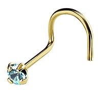 20G Solid 14Kt Gold Nose Screw Stud with Prong Set real Blue Topaz Gemstone, 14kt Yellow Gold or 14kt White Gold - November Birthstone Nose Ring