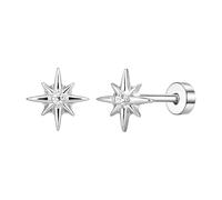 20g Star CZ Crystal Stainless Steel Earrings for Women & Men - Hypoallergenic Flat Back Studs, Cartilage Tragus Piercing Jewellery, Birthday Celestial Gift