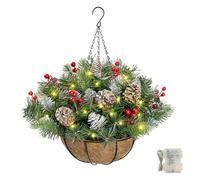 20in Pre-Lit Artificial Christmas Hanging Basket, Christmas Wreath Basket Hanging Wreath with 8 Modes & Timer for Front Porch Garden Patio Outdoor Xmas Holiday Decor (1PCS)