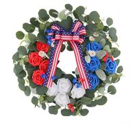 20in Red White Blue Wreath Featuring Plastic Fabric Cloth Construction And Stars Stripes Bow For Display