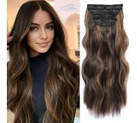 20inch Hair Extensions Clip in 4Pcs Curly Full Head Synthetic Hair Extension Wavy hair Pieces for Women (20Inch, Dark Brown with Auburn Brown highlights)